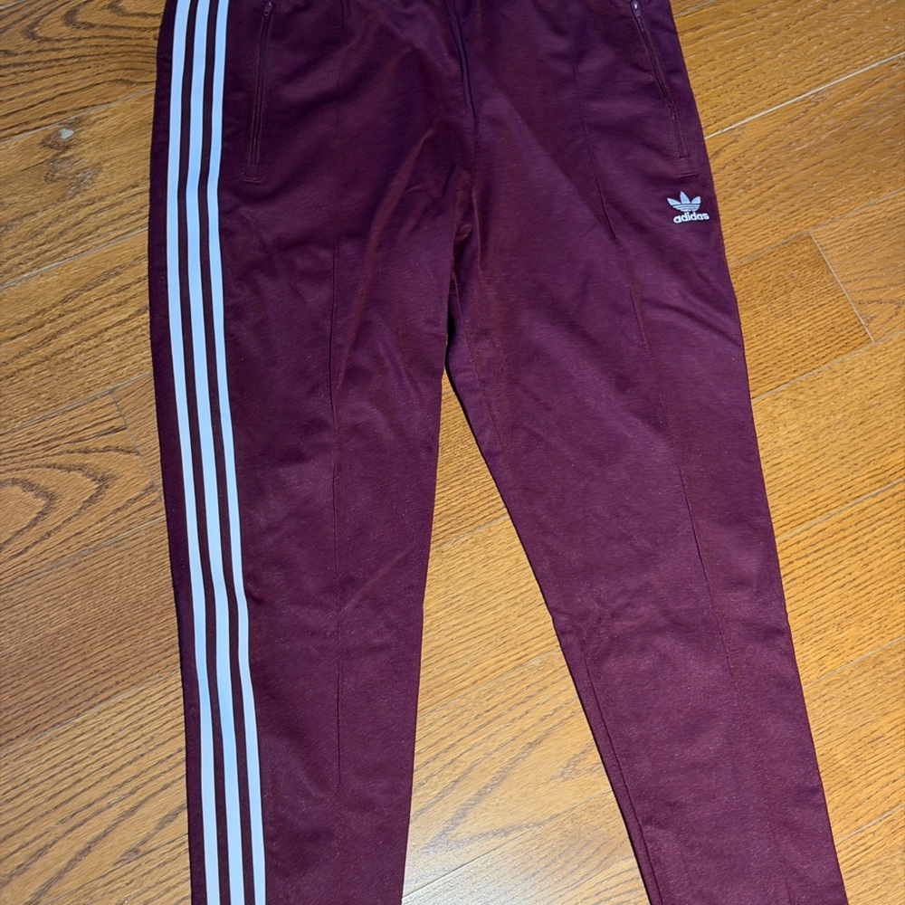 Adidas Men's Burgundy Joggers with White Stripes